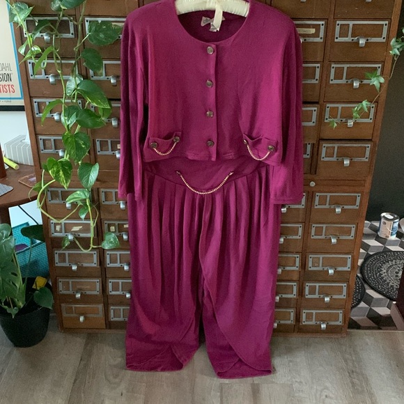 Vintage Two Piece Gold Chain Purple Cotton Elastic Jacket and Pants Size Large - Picture 1 of 13